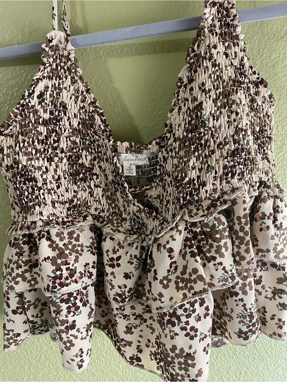 NWOT Endless Blu Smocked Tiered Ruffle Cami Crop Top-(S)